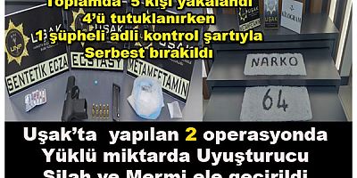 Uşak’ta 2 operasyonda yüklü miktarda ‘’uyuşturucu silah ve mermi ele geçirildi.