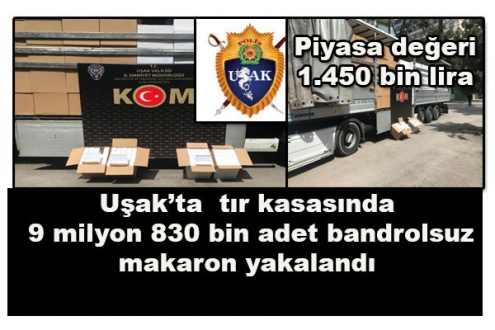 Uşak'ta TIR kasasında 9 milyon 830 bin adet bandrolsüz makaron yakalandı